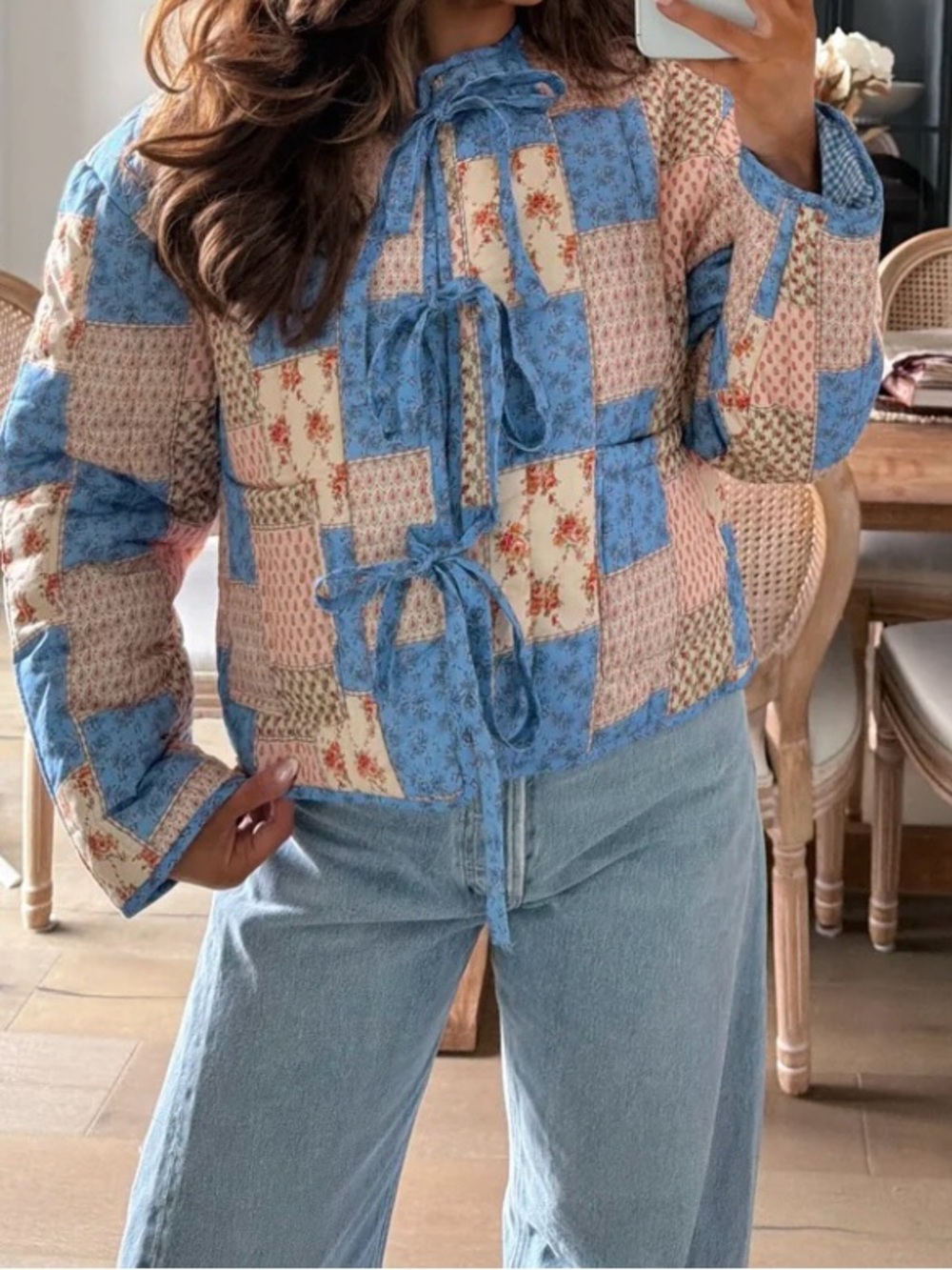 Patchwork Tie-Front Quilted Jacket - Blue & Pink
